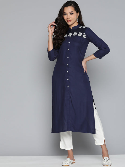 Jompers Women's Paisley Embroidered Chikankari Navy Kurta - Swadesiicart