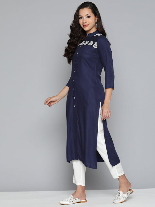 Jompers Women's Paisley Embroidered Chikankari Navy Kurta - Swadesiicart