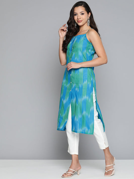 Jompers Women's Pure Cotton Blue Ikkat Kurta - Swadesiicart
