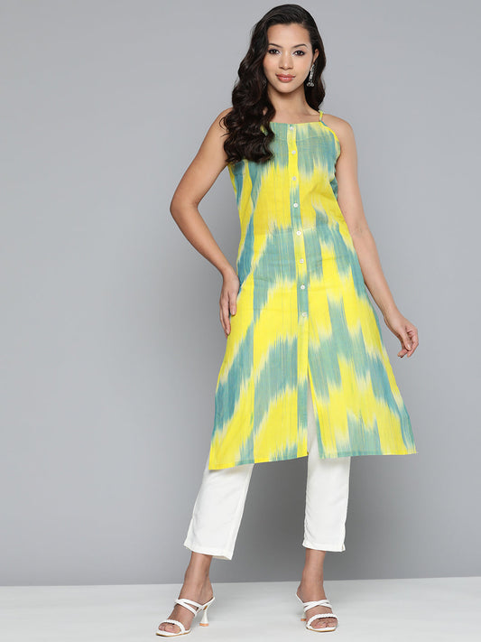 Jompers Women's Pure Cotton Yellow Ikkat Kurta - Swadesiicart