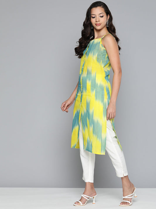 Jompers Women's Pure Cotton Yellow Ikkat Kurta - Swadesiicart