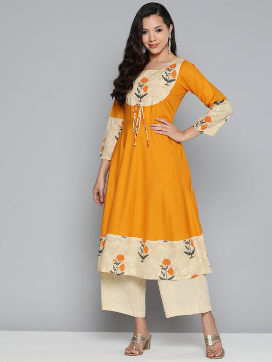 Jompers Women's Floral Printed Mustard Floral Kurta - Swadesiicart
