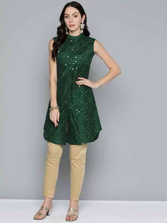 Jompers Women's Geometric Embroidered Mirror Work Kurta - Green - Swadesiicart