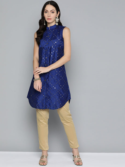 Jompers Women's Geometric Embroidered Mirror Work Kurta - Navy Blue - Swadesiicart