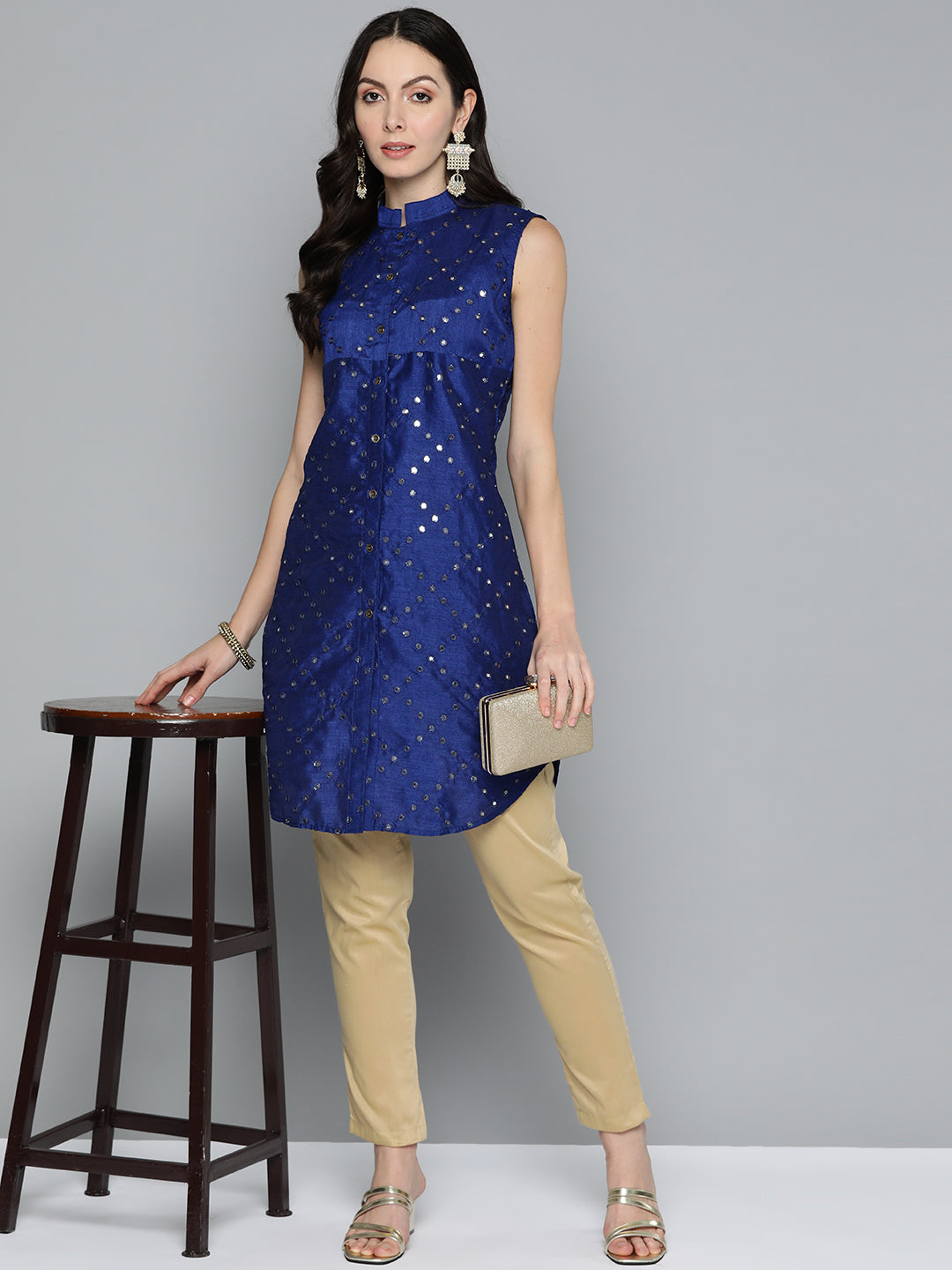 Jompers Women's Geometric Embroidered Mirror Work Kurta - Navy Blue - Swadesiicart