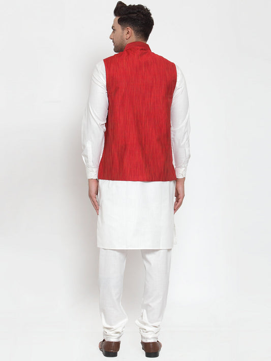 Jompers Men's White Solid Kurta with Pyjamas And Red Nehru Jacket | Swadesiicart