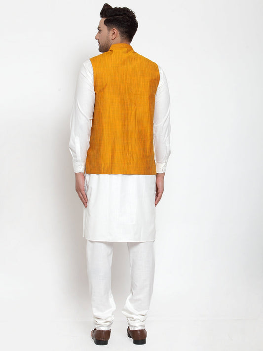 Jompers Men's White Solid Kurta with Pyjamas & Yellow Nehru Jacket | Swadesiicart