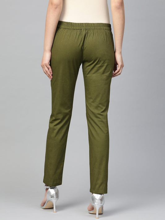 Jompers Women Olive Green Smart Slim Fit Solid Regular Trousers | Swadesiicart