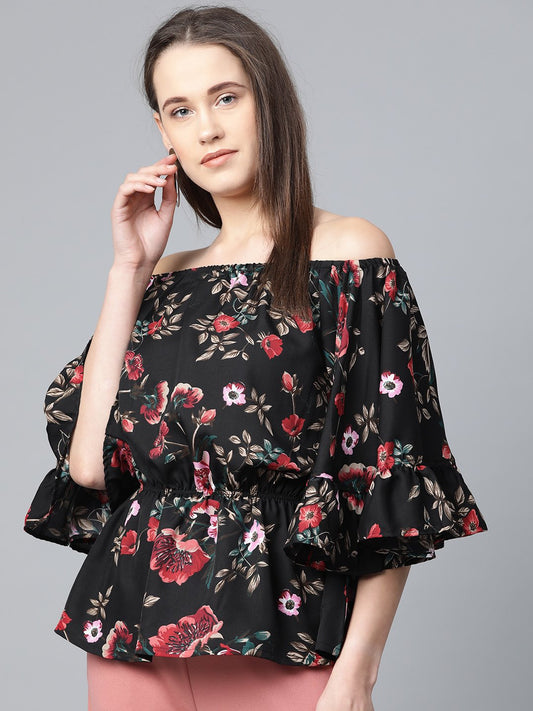 Jompers Women Black Printed Bardot Top | Swadesiicart