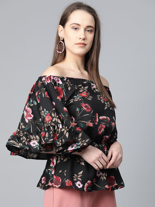 Jompers Women Black Printed Bardot Top | Swadesiicart