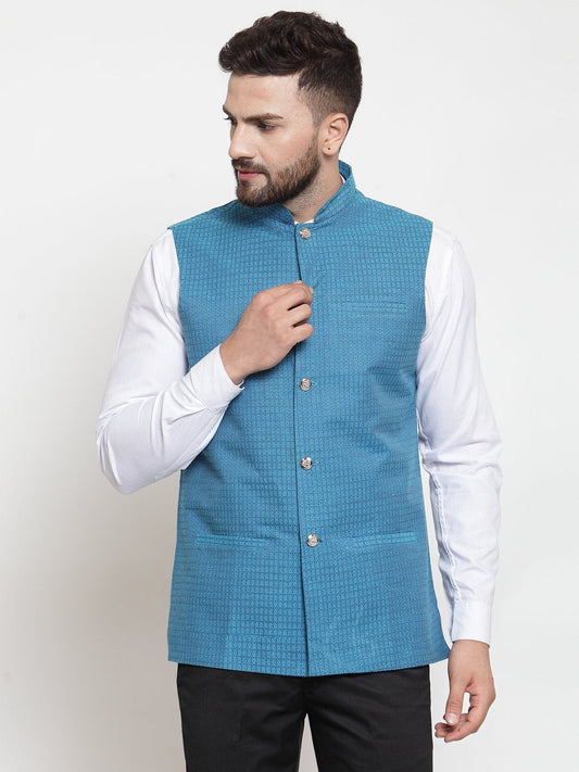 Jompers Men Turquoise Blue Woven Design Nehru Jacket | Swadesiicart