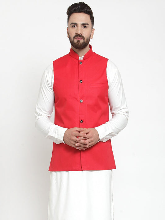 Jompers Men Red Solid Nehru Jacket | Swadesiicart