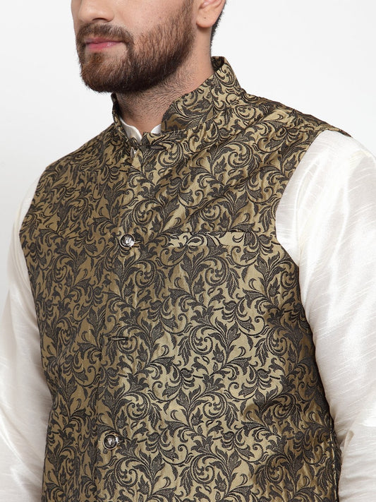 Jompers Men Gold-Coloured & Black Woven Design Nehru Jacket | Swadesiicart