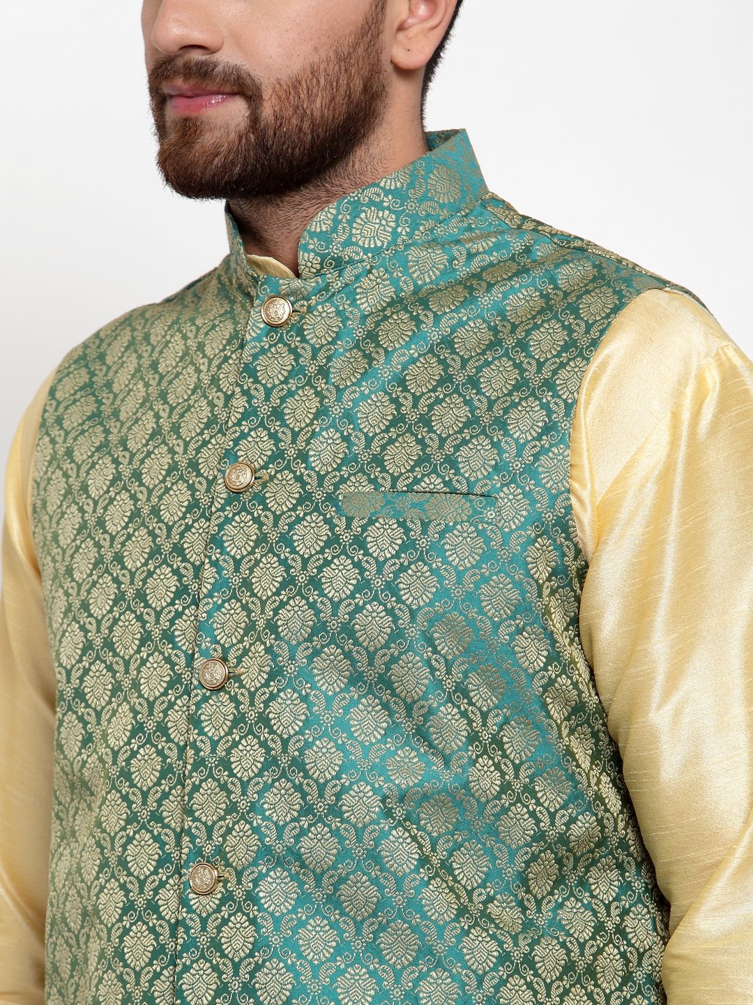 Jompers Men Green-Coloured & Golden Woven Design Nehru Jacket | Swadesiicart