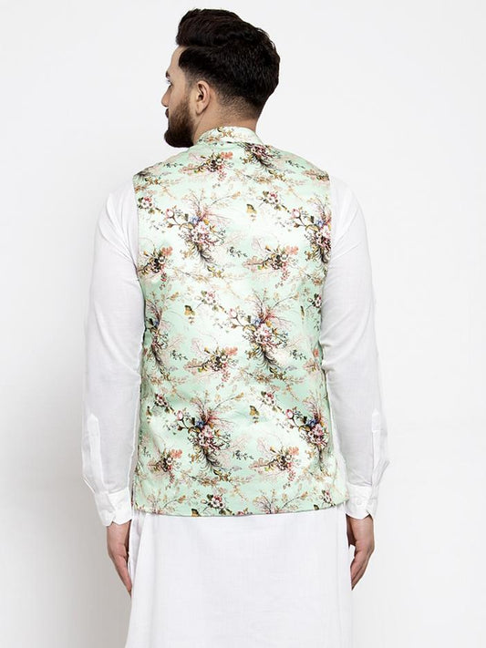 Jompers Men Lime-Green Printed Satin Nehru Jacket | Swadesiicart