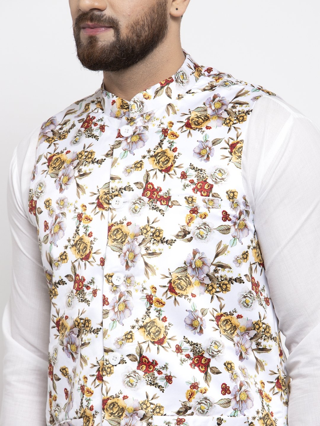 Jompers Men White Printed Satin Nehru Jacket | Swadesiicart