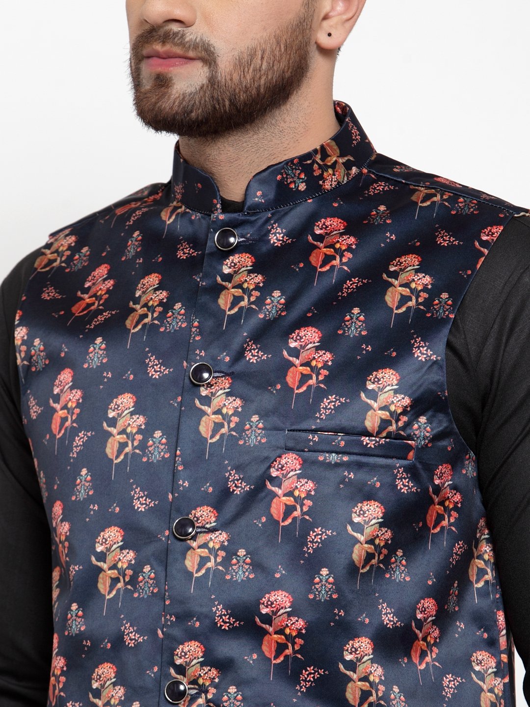 Jompers Men Navy-Blue Printed Satin Nehru Jacket | Swadesiicart