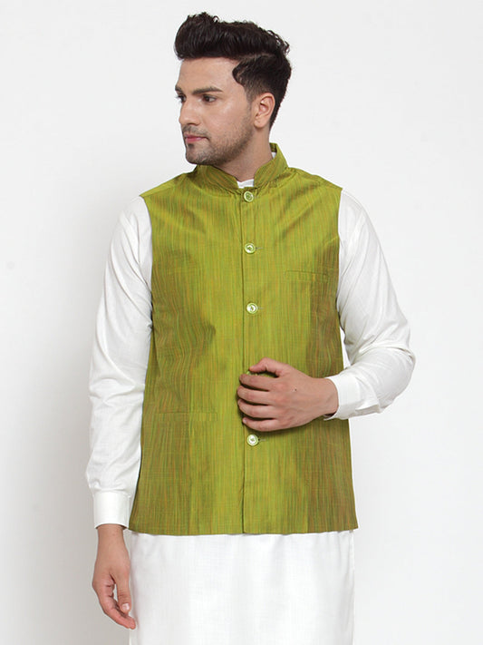 Jompers Men's Green Woven Design Nehru Jacket | Swadesiicart