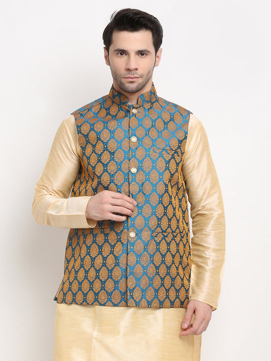 Jompers Men's Blue Self-Designed Blue Waistcoat | Swadesiicart