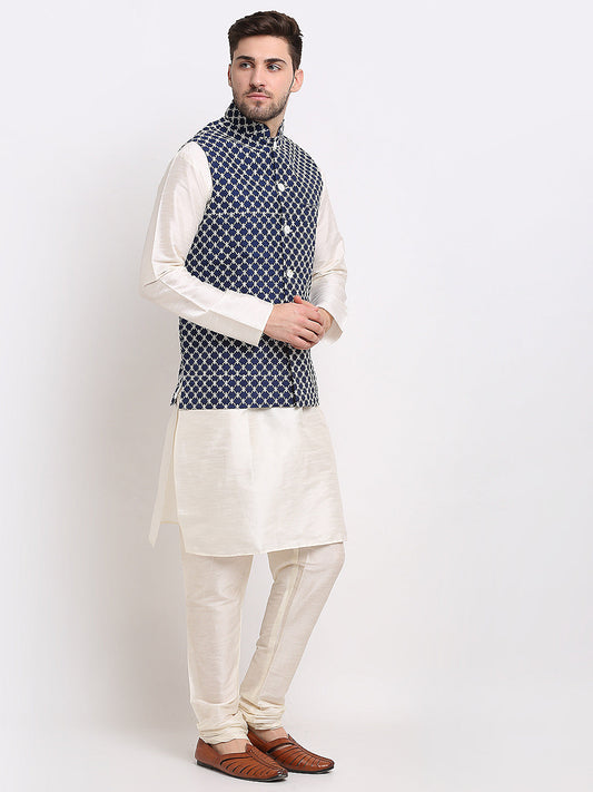 Jompers Men's Navy Blue Navy Blue and White Embroidered Nehru Jacket | Swadesiicart