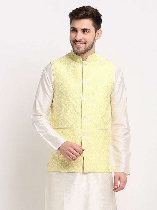 Jompers Men's Yellow Yellow and White Embroidered Nehru Jacket | Swadesiicart