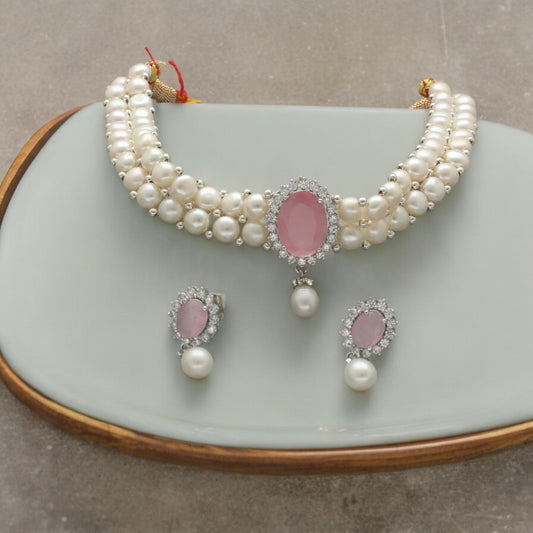 J Pearls Designer 2 Lines White Pearl Choker | Swadesiicart