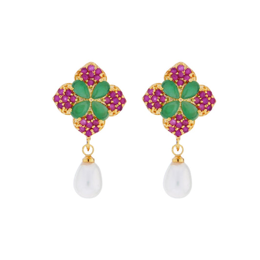 J Pearls Ruby Emerald Semi Precious Stone Drop Earrings - Real Pearl Jewelry - J Pearls