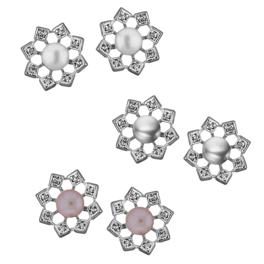 J Pearls Combo Of 3 Pairs Flower Shining Earrings - Real Pearl Jewelry - J Pearls