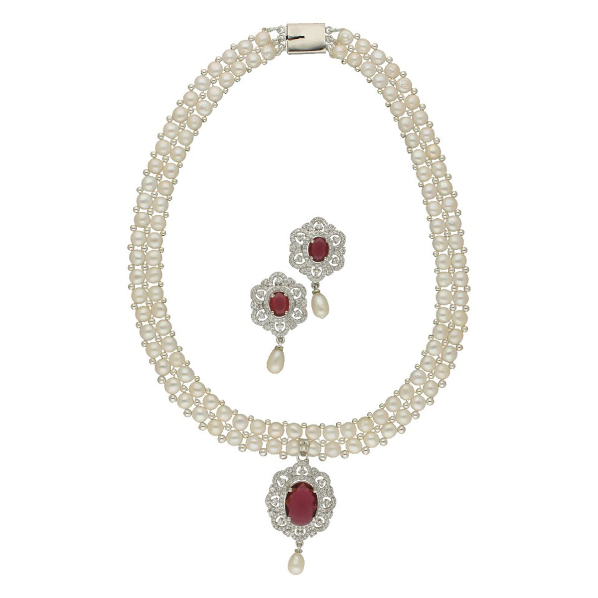 J Pearls Ravishing Dual Line Pearl Necklace Set - Swadesiicart