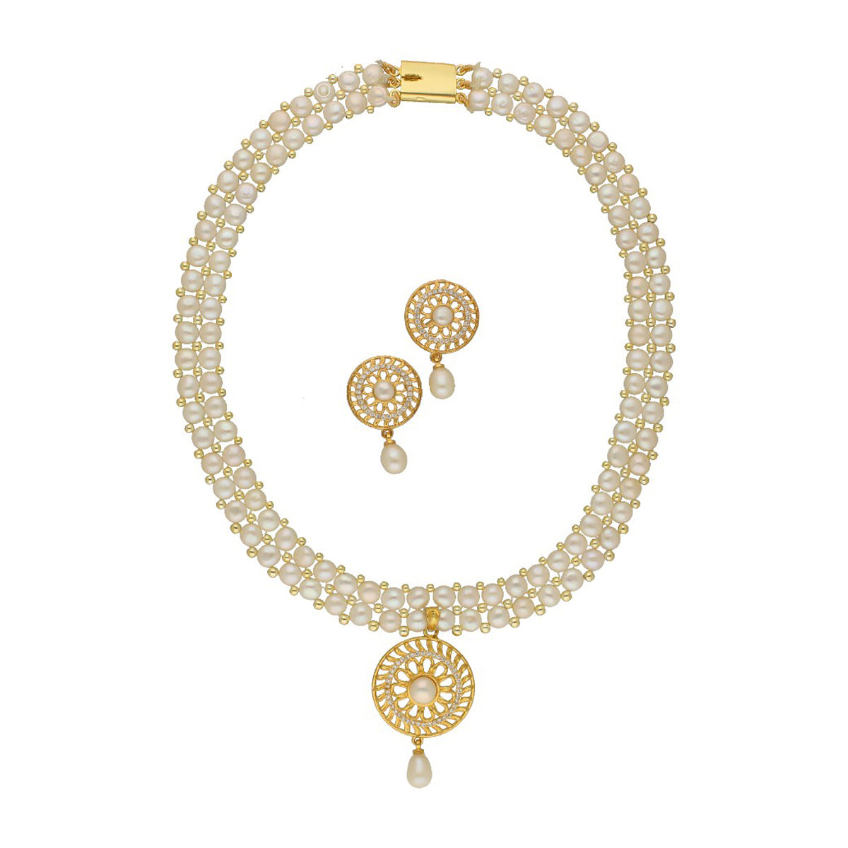 J Pearls Picturesque Dual Line Pearl Necklace Set - Swadesiicart