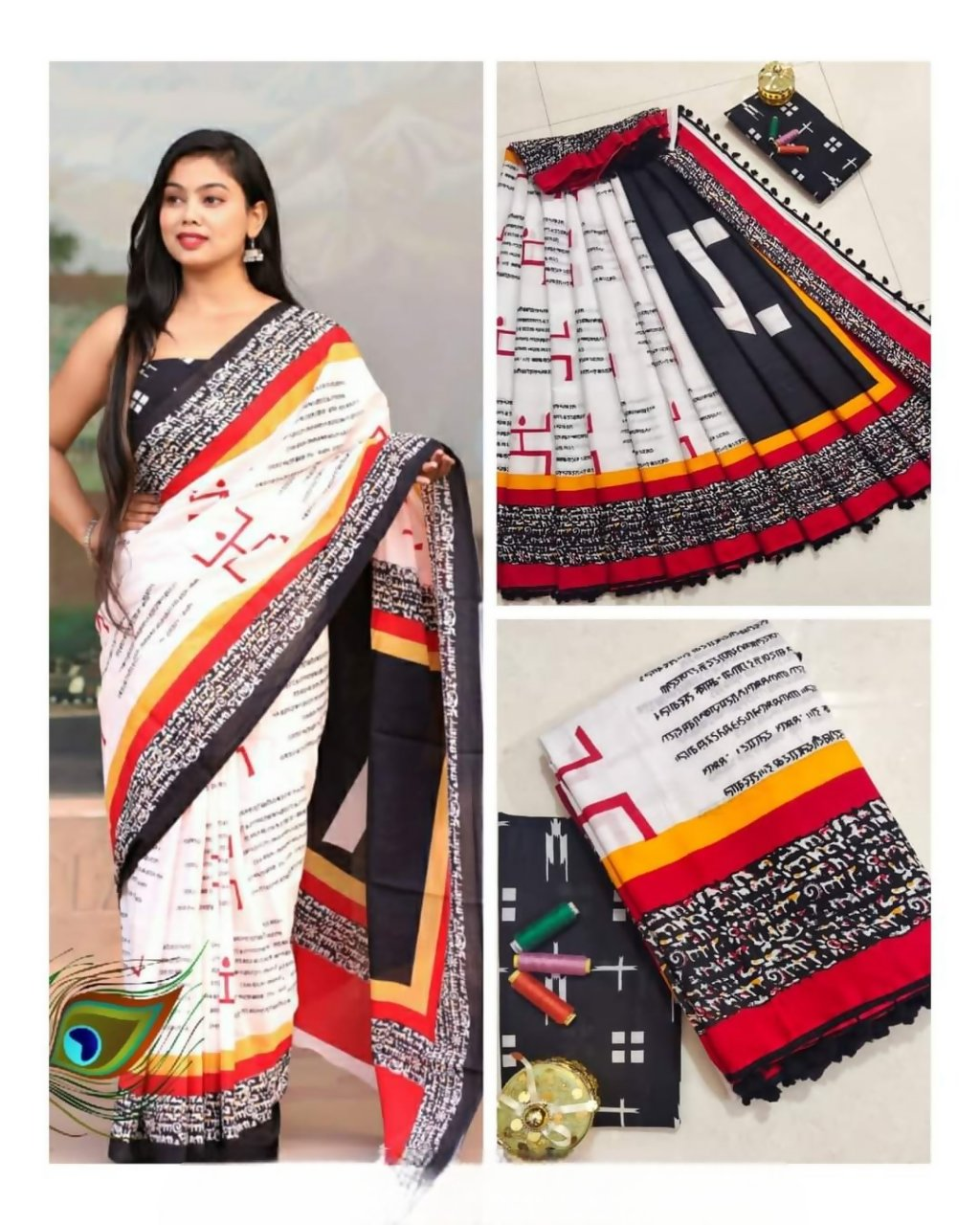 Exclusive Collection White Black Red Beautiful Mulmul Cotton Saree - Swadesiicart