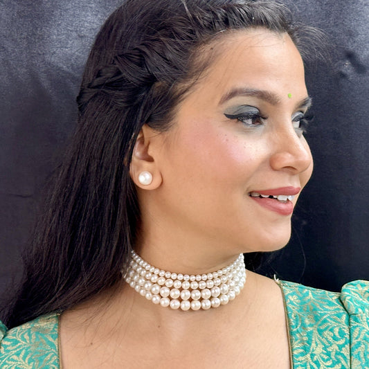 J Pearls Naira 4 Lines Pearl Choker Set | Swadesiicart