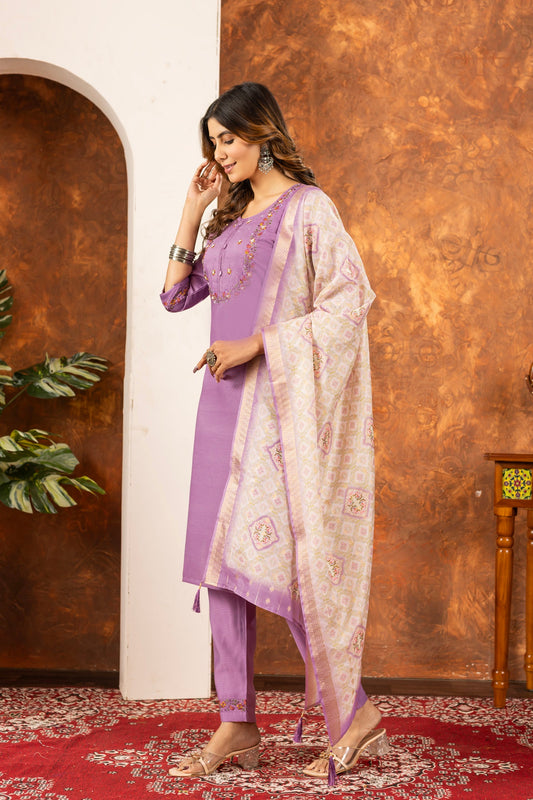 Lorenvalley Fashion Lavender Marina Silk Multi Embroidery Thread with Hand work Kurta Pant Dupatta - Swadesiicart