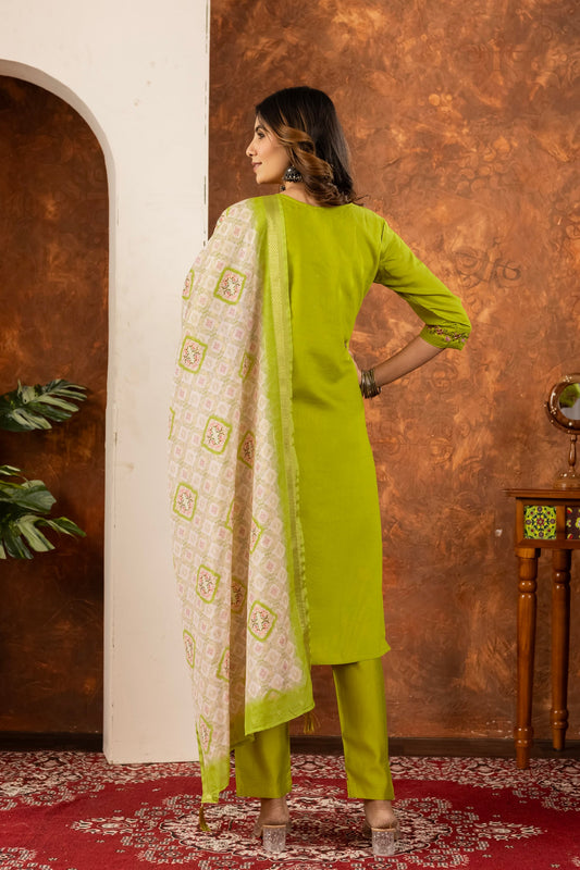 Lorenvalley Fashion Parrotgreen Marina Silk Multi Embroidery Thread with Hand work Kurta Pant Dupatta - Swadesiicart