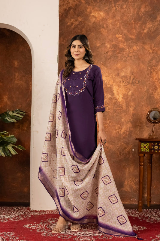 Lorenvalley Fashion Wine Marina Silk Multi Embroidery Thread with Hand work Kurta Pant Dupatta - Swadesiicart