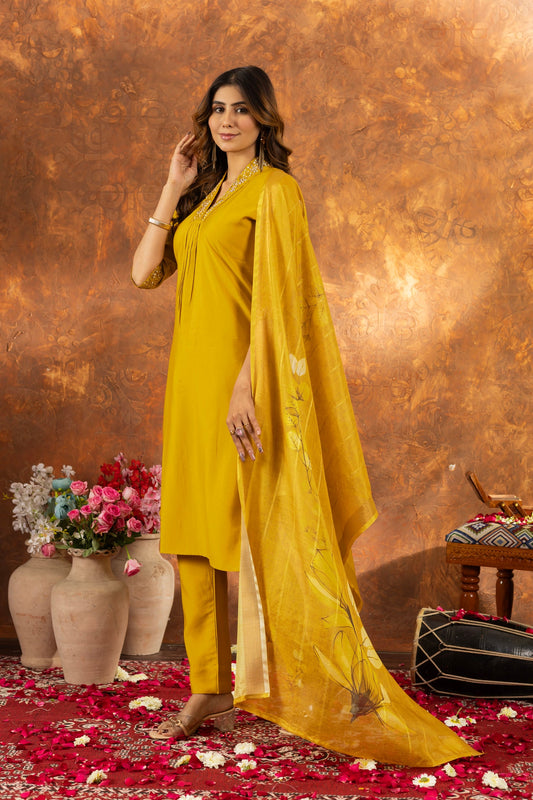 Lorenvalley Fashion Mustard Roman Silk Embroidery Sequins with Hand work Kurta Pant Dupatta - Swadesiicart