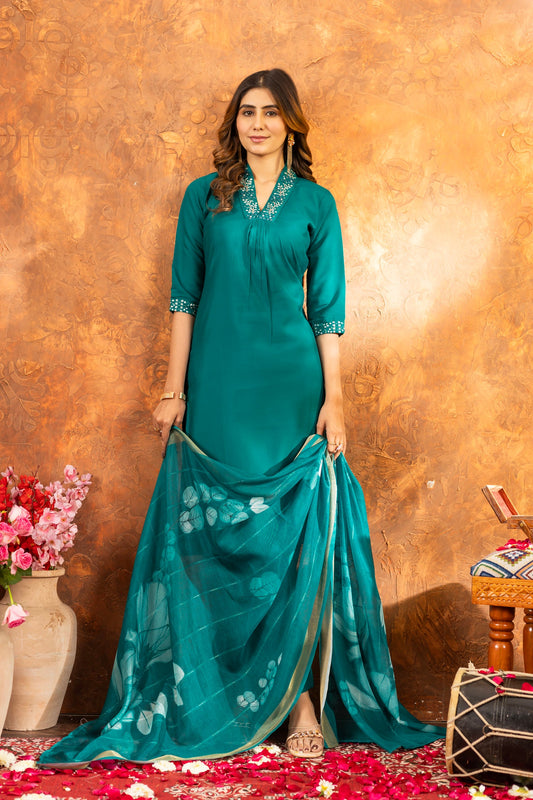 Lorenvalley Fashion Rama Roman Silk Embroidery Sequins with Hand work Kurta Pant Dupatta - Swadesiicart