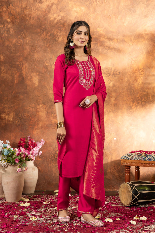 Lorenvalley Fashion Pink Marina Silk Multi Embroidery Thread with Hand work Kurta Pant Dupatta - Swadesiicart