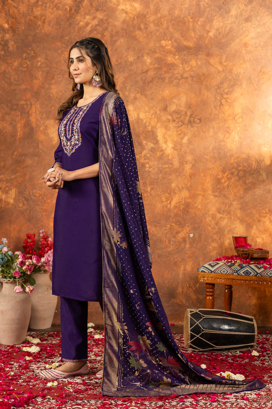 Lorenvalley Fashion Purple Marina Silk Multi Embroidery Thread with Hand work Kurta Pant Dupatta - Swadesiicart