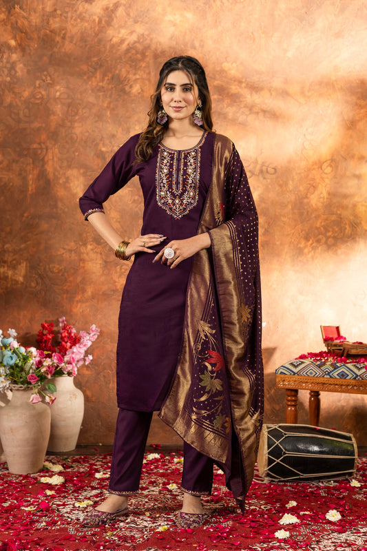 Lorenvalley Fashion Wine Marina Silk Multi Embroidery Thread with Hand work Kurta Pant Dupatta - Swadesiicart