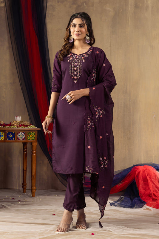 Lorenvalley Fashion Wine Roman Silk Embroidery Sequins with Hand work Kurta Pant Dupatta - Swadesiicart