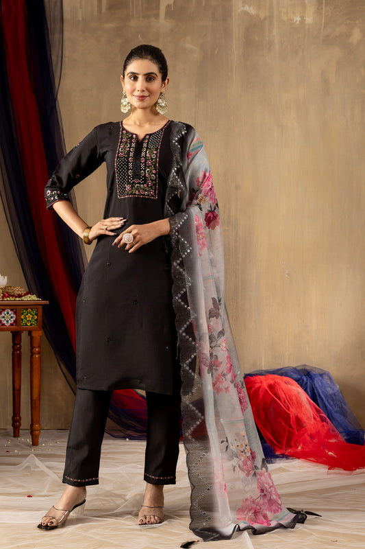 Lorenvalley Fashion Black Roman Silk Embroidery Sequins with Hand work Kurta Pant Dupatta - Swadesiicart