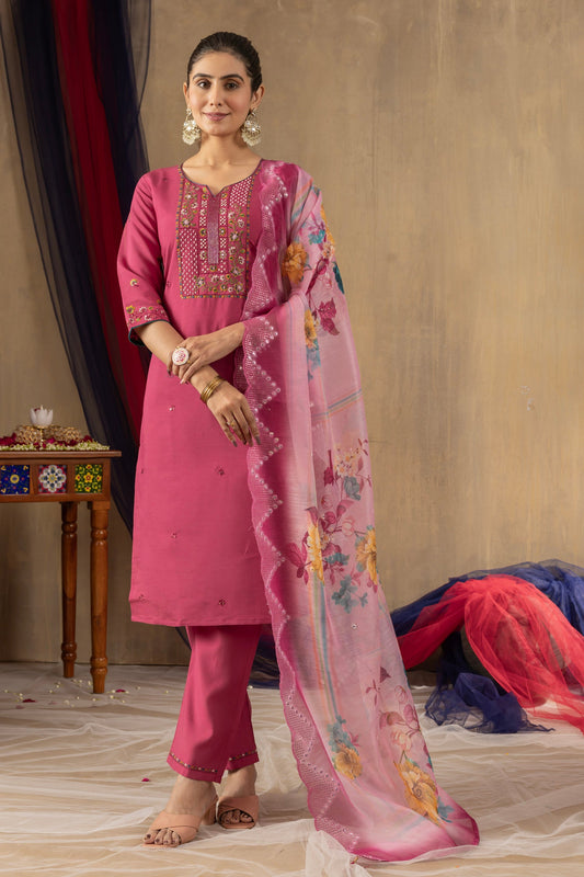 Lorenvalley Fashion Pink Roman Silk Embroidery Sequins with Hand work Kurta Pant Dupatta - Swadesiicart