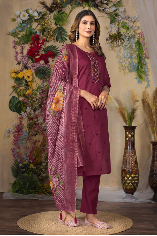Lorenvalley Fashion Cerise Roman Silk Multi Embroidery Thread With Hand Work Kurta Pant Dupatta - Swadesiicart