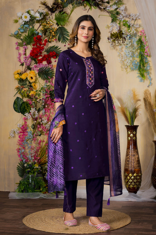 Lorenvalley Fashion Purple Roman Silk Multi Embroidery Thread With Hand Work Kurta Pant Dupatta - Swadesiicart