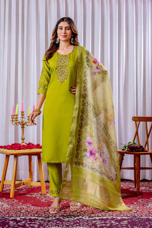 Lorenvalley Fashion Parrotgreen Viscose Silk Embroidery Thread With Hand Work Kurta Pant Dupatta - Swadesiicart