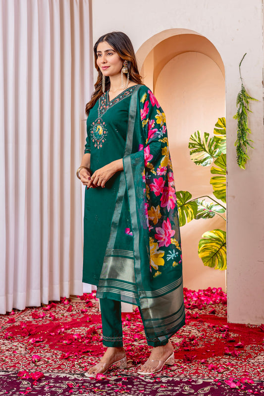 Lorenvalley Fashion Green Marina Viscose Silk Embroidery Thread With Hand Work Kurta Pant Dupatta - Swadesiicart