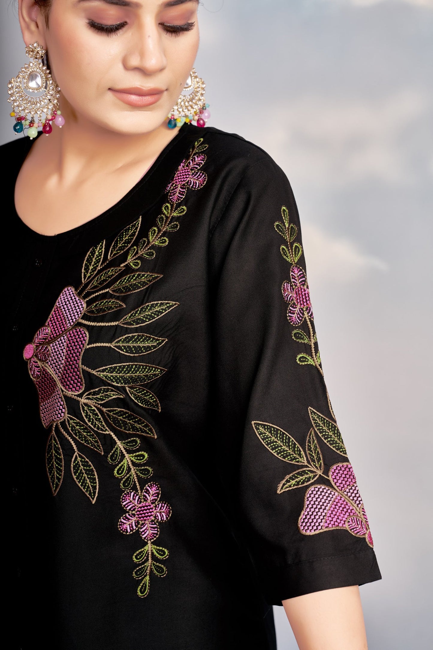 Lorenvalley Fashion Black Heavy Rayon Multi Embroidery Thread Work Co-Ords Set - Swadesiicart
