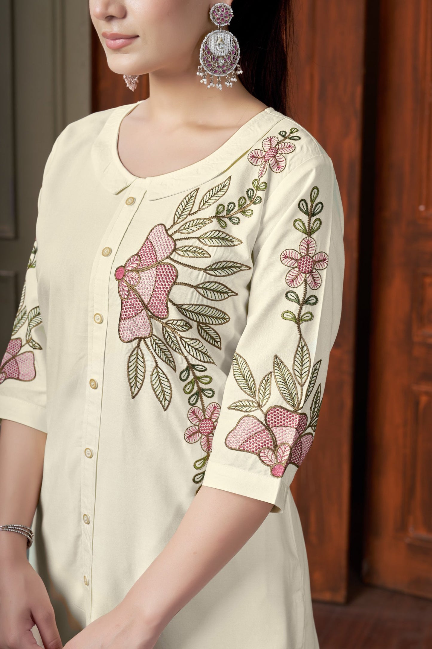 Lorenvalley Fashion Cream Heavy Rayon Multi Embroidery Thread Work Co-Ords Set - Swadesiicart