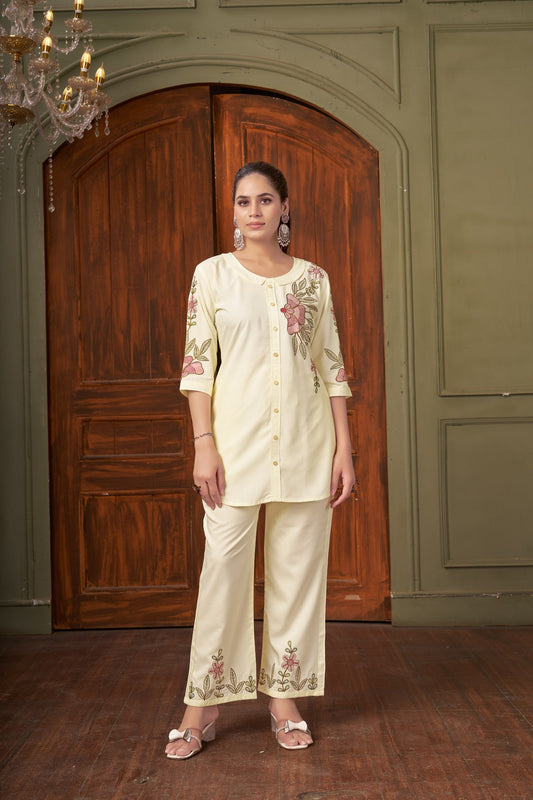 Lorenvalley Fashion Cream Heavy Rayon Multi Embroidery Thread Work Co-Ords Set - Swadesiicart